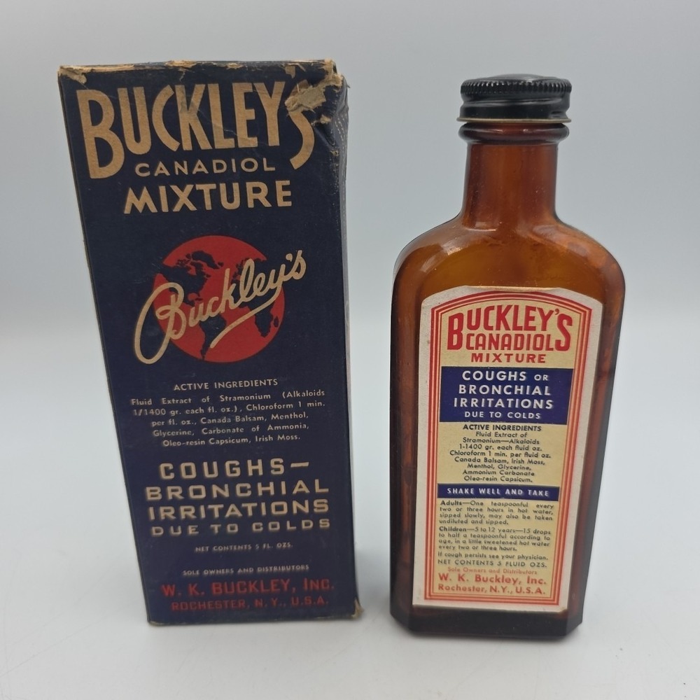 Antique BUCKLEY'S Amber Brown Embossed Medicine Bottle & Box  7" Sealed Rare